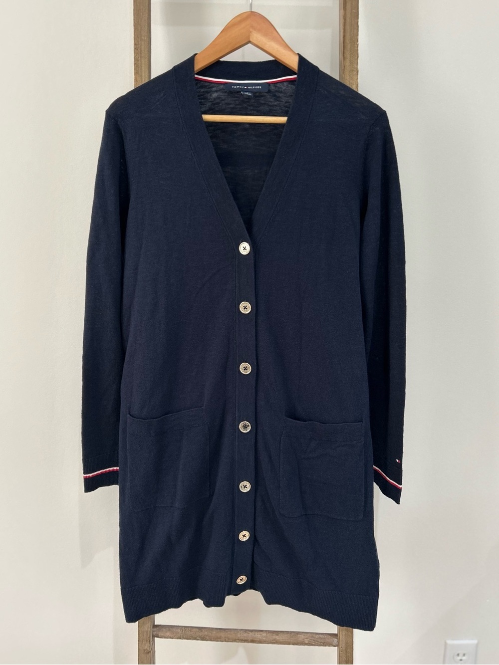 Tommy Hilfiger Navy Blue Long V-Neck Button Cardigan Size S Layering Preppy